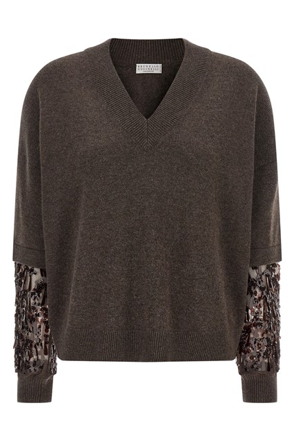 Maglione manica paillettes - Marrone